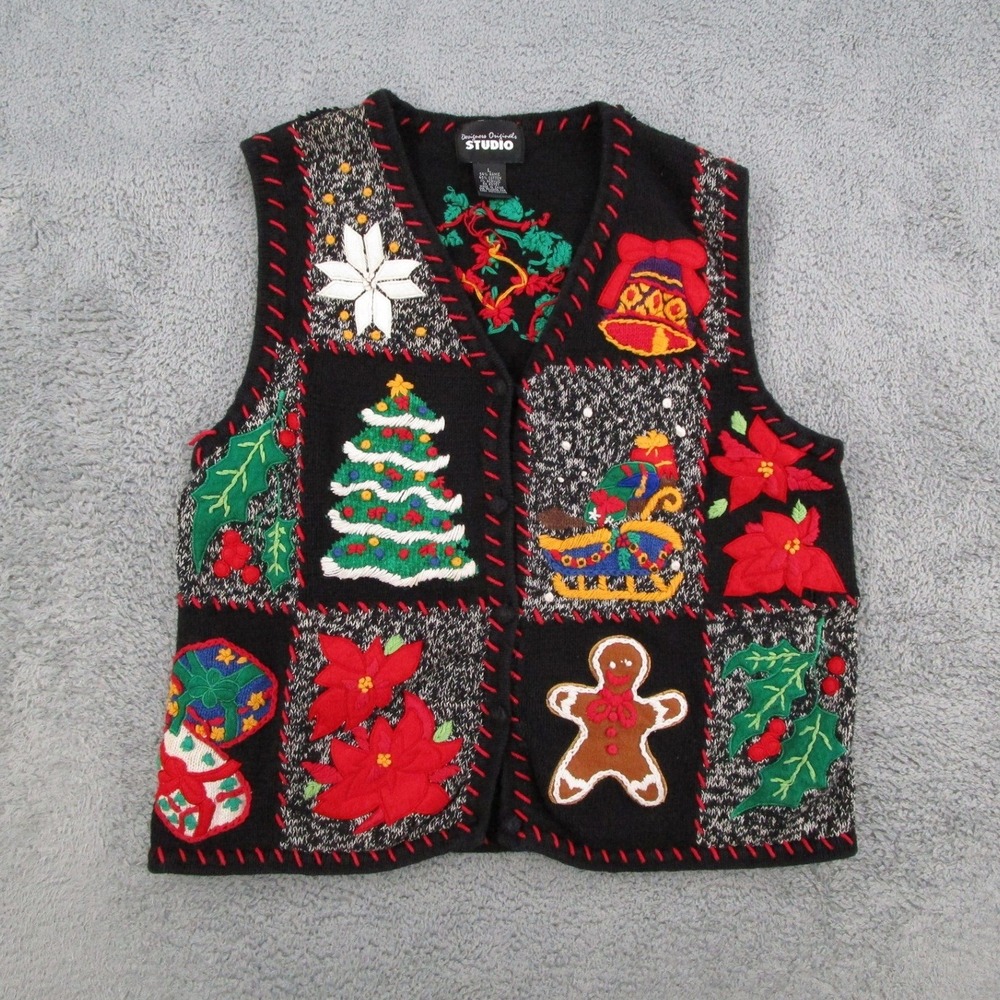 Designers Originals Studio Christmas Sweater Vest Womens Large Black Patchwork